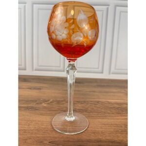 Vintage Lausitzer Amber Roemer 7" Wine Glass Cut Stem Clear Base EUC